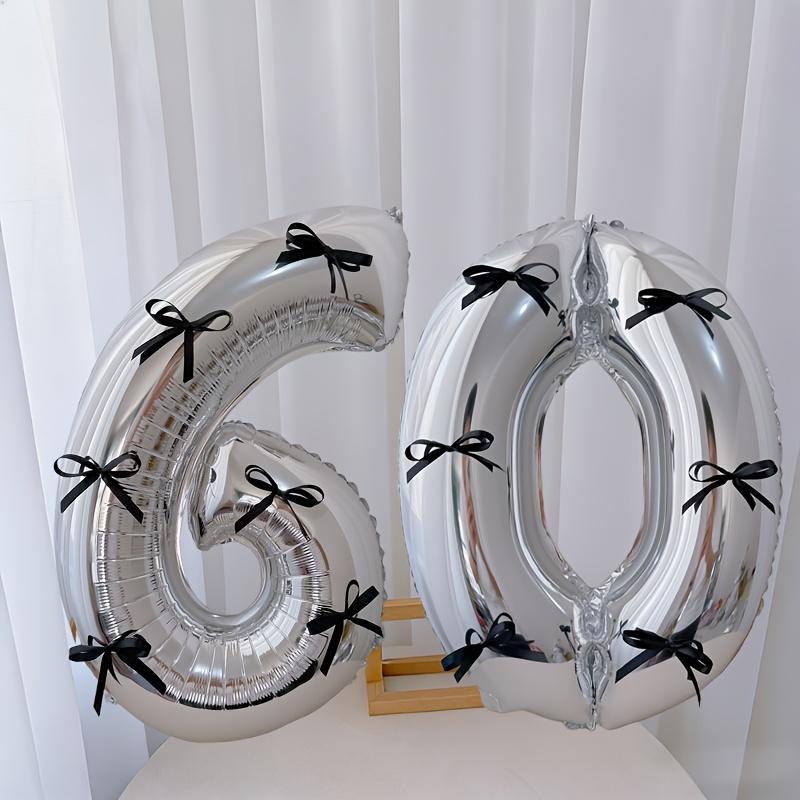 15pcs black bow style silver aluminum foil balloon set, including 2 balloons, 12 black bows and glue, suitable for birthday parties, Birthday decorations, graduation ceremony decoration and photo props