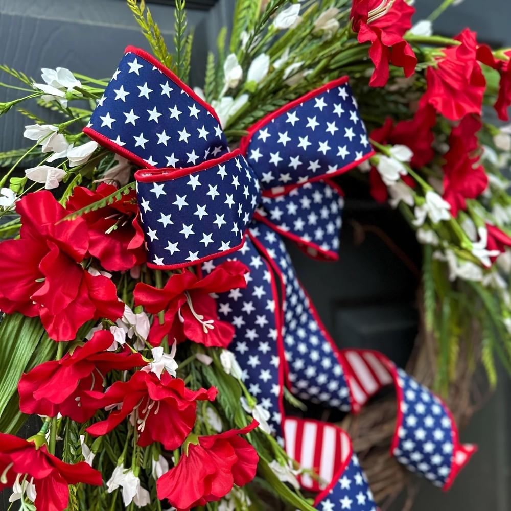 Elegant Patriotic Water Drop Wreath, Floral Accents, Star Spangled Bow, Memorial Day & Veterans Day Door Decor