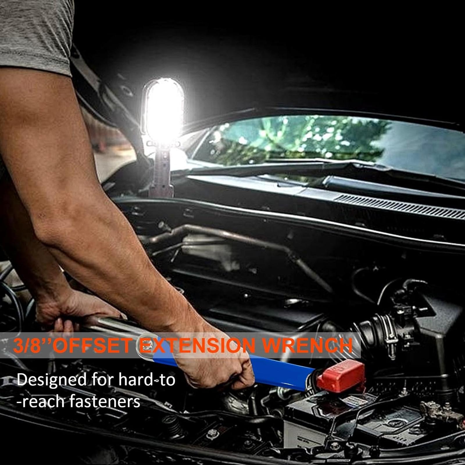 3/8 Inch Offset Extension Wrench,15 Inch Impact Ready Socket Wrench Extender Tool Set with 1/2", 1/4" and 3/8" Square Drive Adapters, Zero Degree Ratchet Tool for Car Blue, Multifunctional Wrench Set