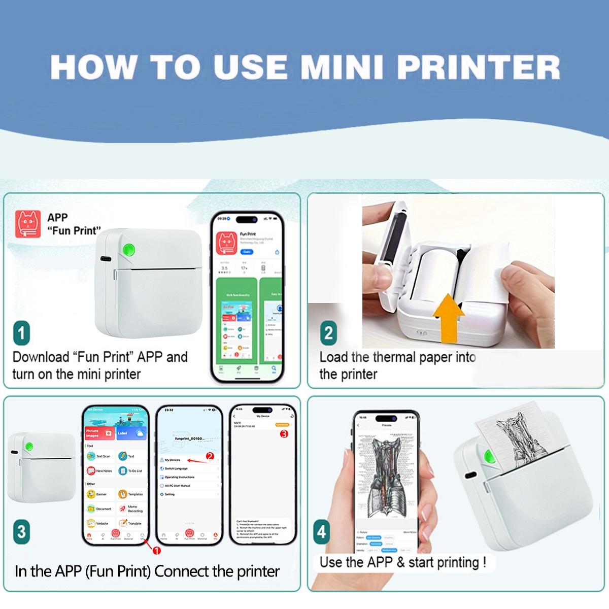 Portable Mini Printer, Thermal Inkless Sticker Maker, Inkless Label Printer with 5 Rolls of Color Stickers, Suitable For Photos, Diaries, Notes, And Memos, Compatible with iOS & Android, Portable Thermal Printers