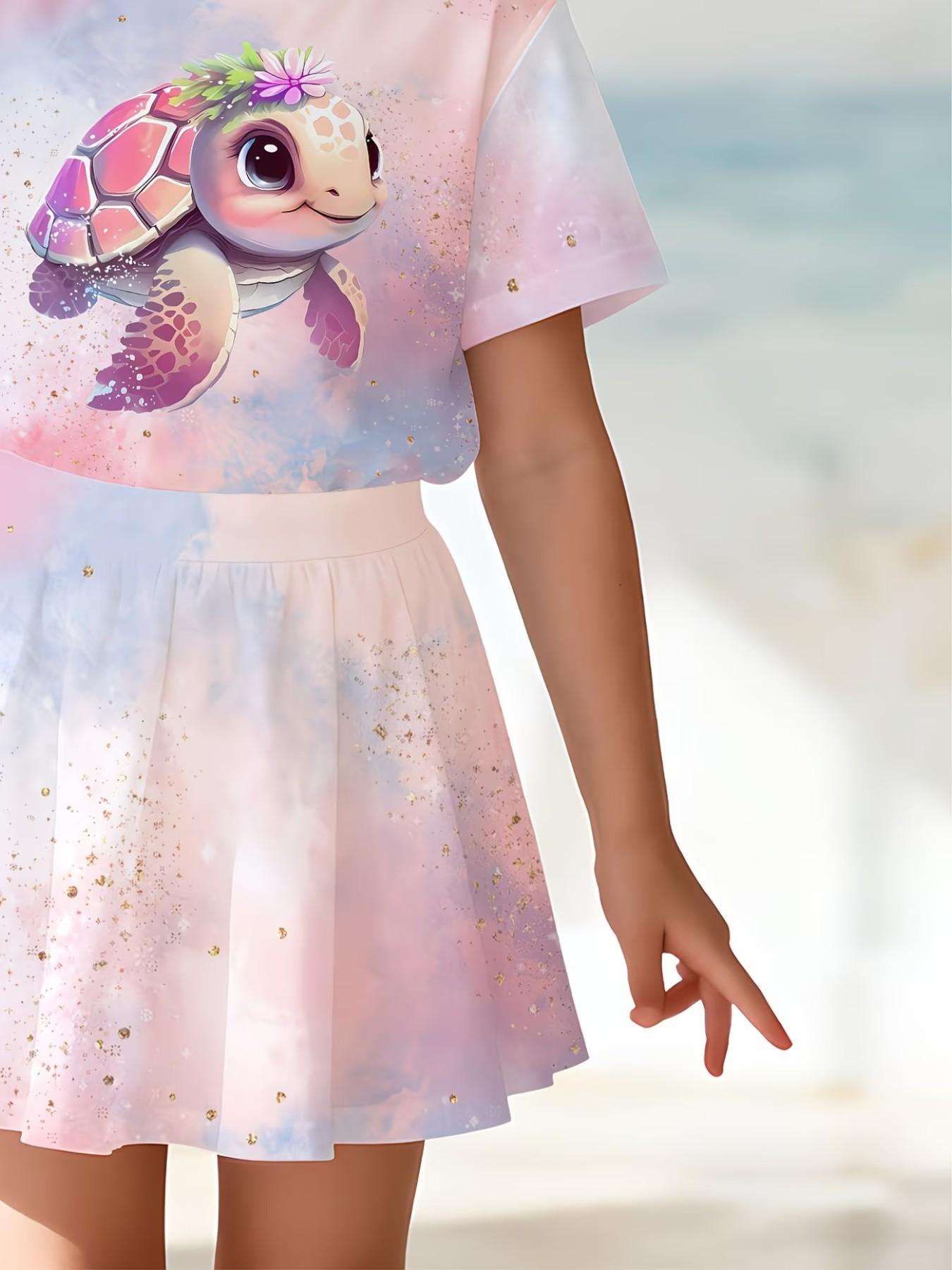 Girls' 3D Turtle Print Top and Skirt Set, Casual Slim-Fitting Summer, Round Neck Short Sleeve, Daily Wear
