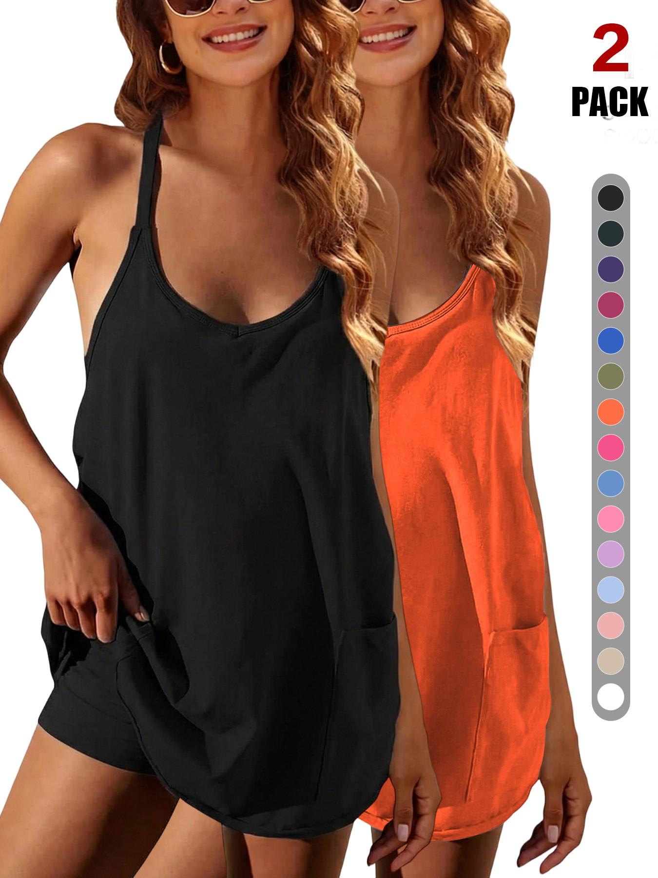 Womens Workout Romper Dress with Shorts Underneath Sleeveless Spaghetti Straps Athletic Outfits Casual Vacation