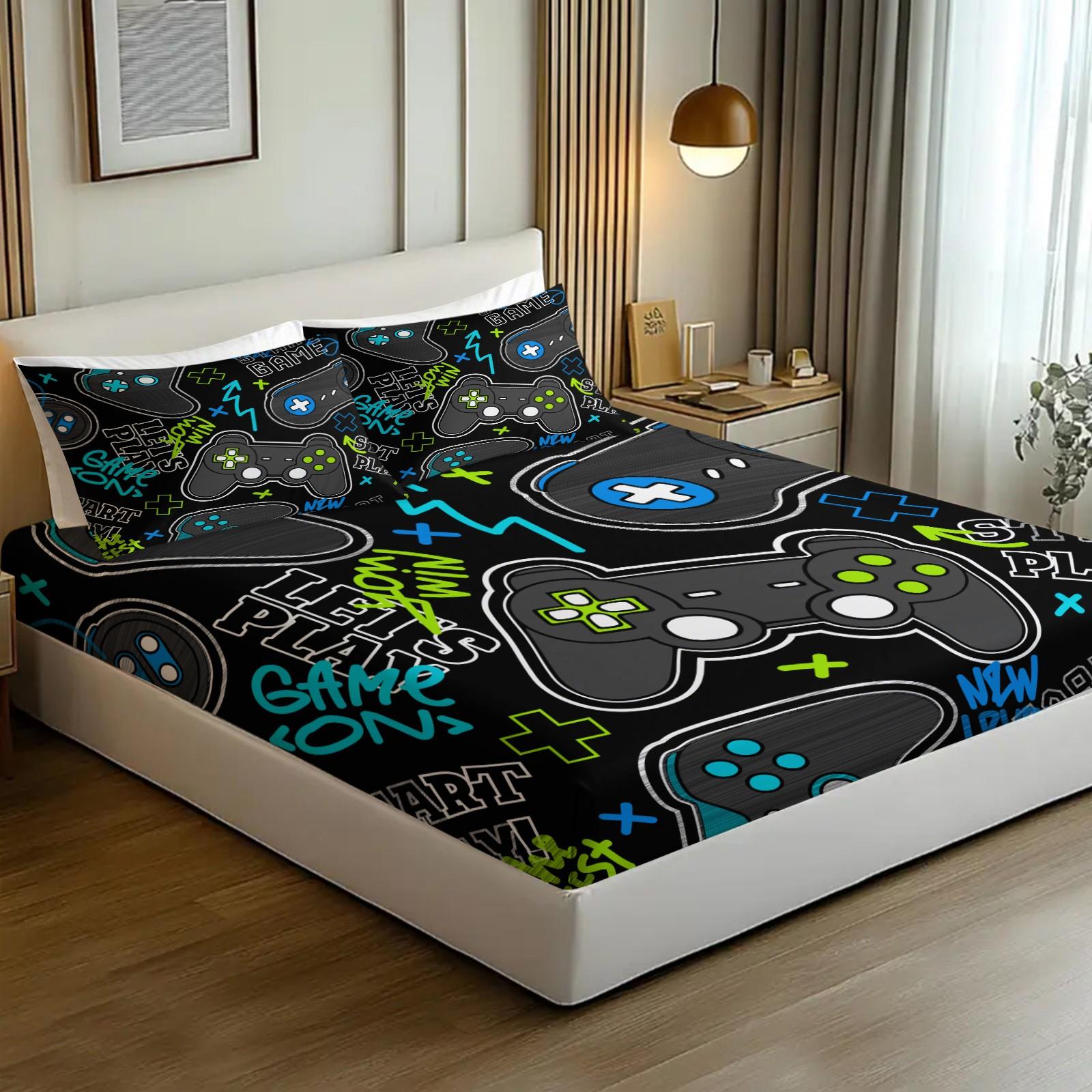 3 Piece Gamer Fitted Sheet Set, 1 Fitted Sheet + 2 Pillowcases, Cool Game Controller Bedding for Boys Teens Gamers, Gaming Room Decor for Kids Bedroom Dorm, Ideal Gift for Video Game Lovers