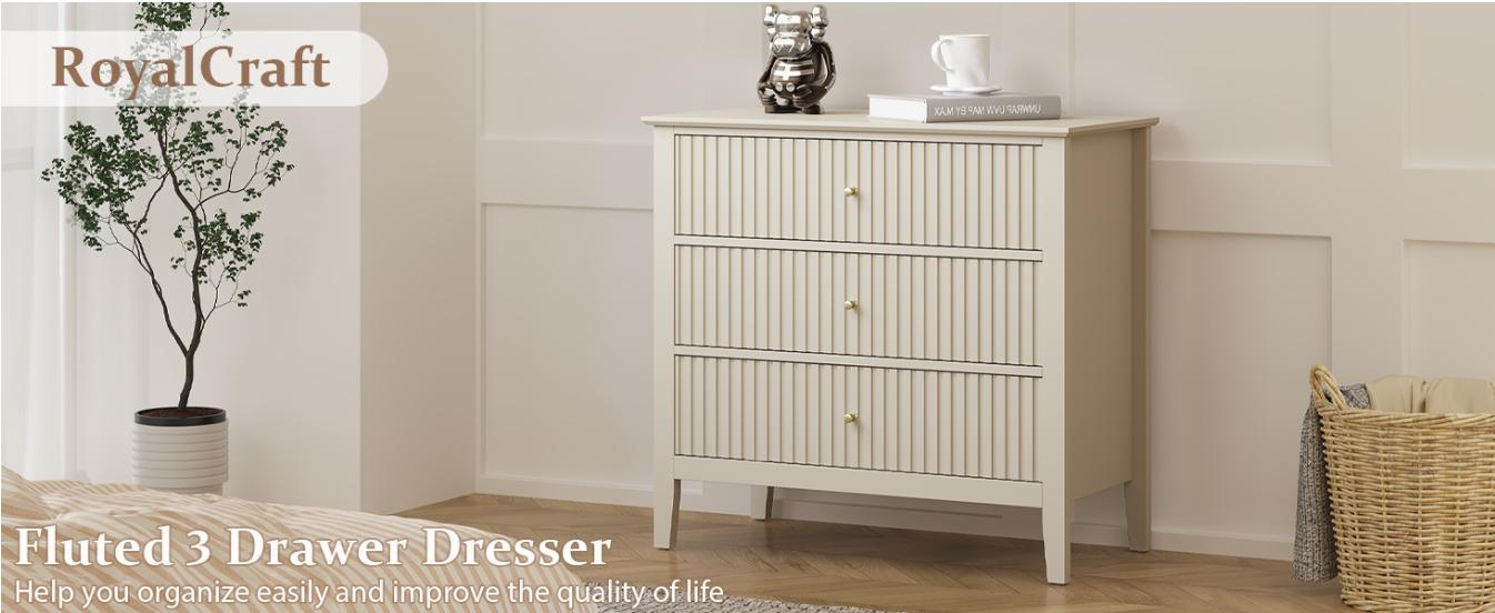 RoyalCraft Mordern 6 Drawer Dresser, Fluted Nightstand with 3 Drawers, Wood Storage Organizer, Wide Chest of Drawers for Closet, Large Storage Cabinet and TV Stand for Living Room,Bed Room,Hallway, Entryway.