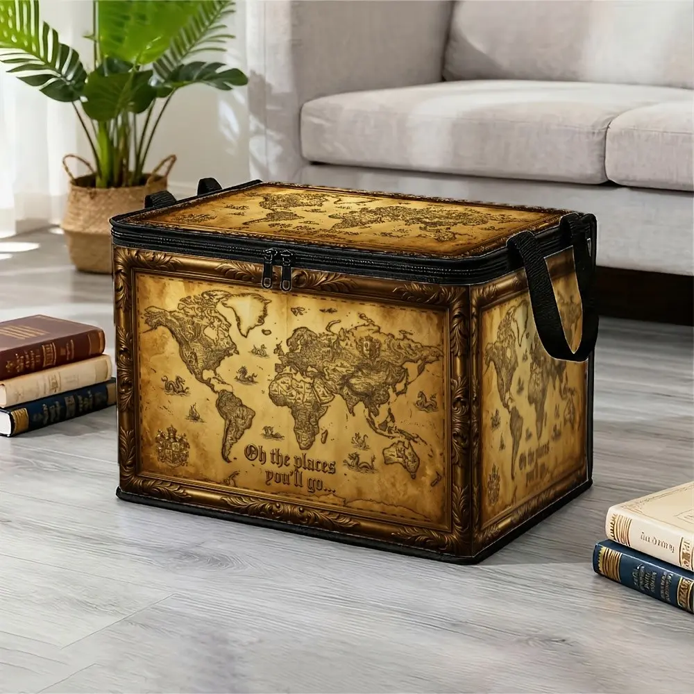 1 World Map Globe Storage Basket with Geographical Knowledge - Foldable Zipper Type for Clothing, Blankets, Books | Modern Rectangular Clamshell Storage Box for Bedside, Office, Under-Bed Organization