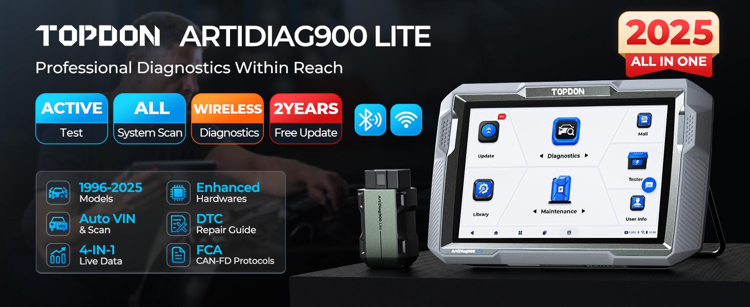 TOPDON Car Diagnostic Tool ArtiDiag900 Lite with BiDirectional Scan, FCA Gateway and CAN-FD, Full Systems Diagnosis with 8+ Reset Services, Wireless Bluetooth OBD2 scanner, AutoVIN, 2-Year Free Update