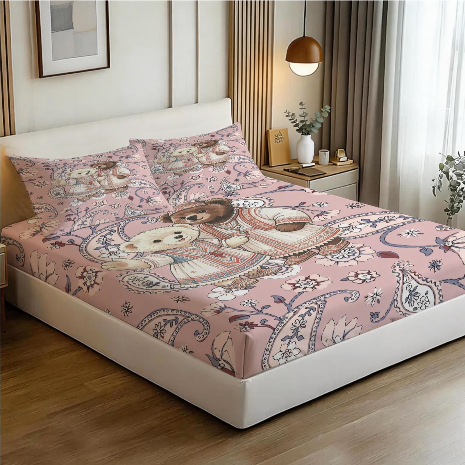 Ethnic Couple Bear Fitted Sheet Set, 3 Pieces (1 Fitted Sheet + 2 Pillowcases), Soft Skin-Friendly, Pink Paisley Floral Bedding, Deep Pocket, Cute Bear Print for Girls Teens Bedroom, All Seasons