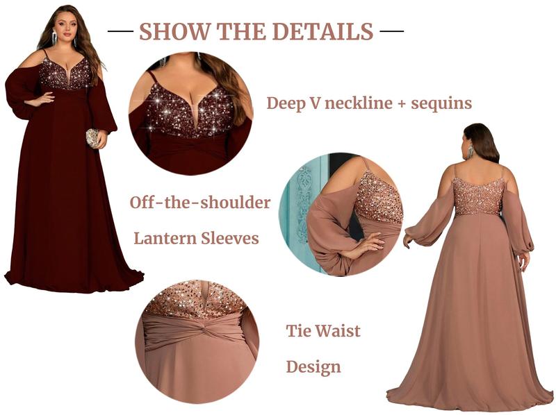 Women's elegant deep V-neck spaghetti strap sequin maxi dress,lantern sleeves chiffon dress, plus-size twisted waist A-line hem formal gown, holiday prom party dresses, wedding guest dresses, bridesmaid dresses,Champagne Color upscale cocktail dress