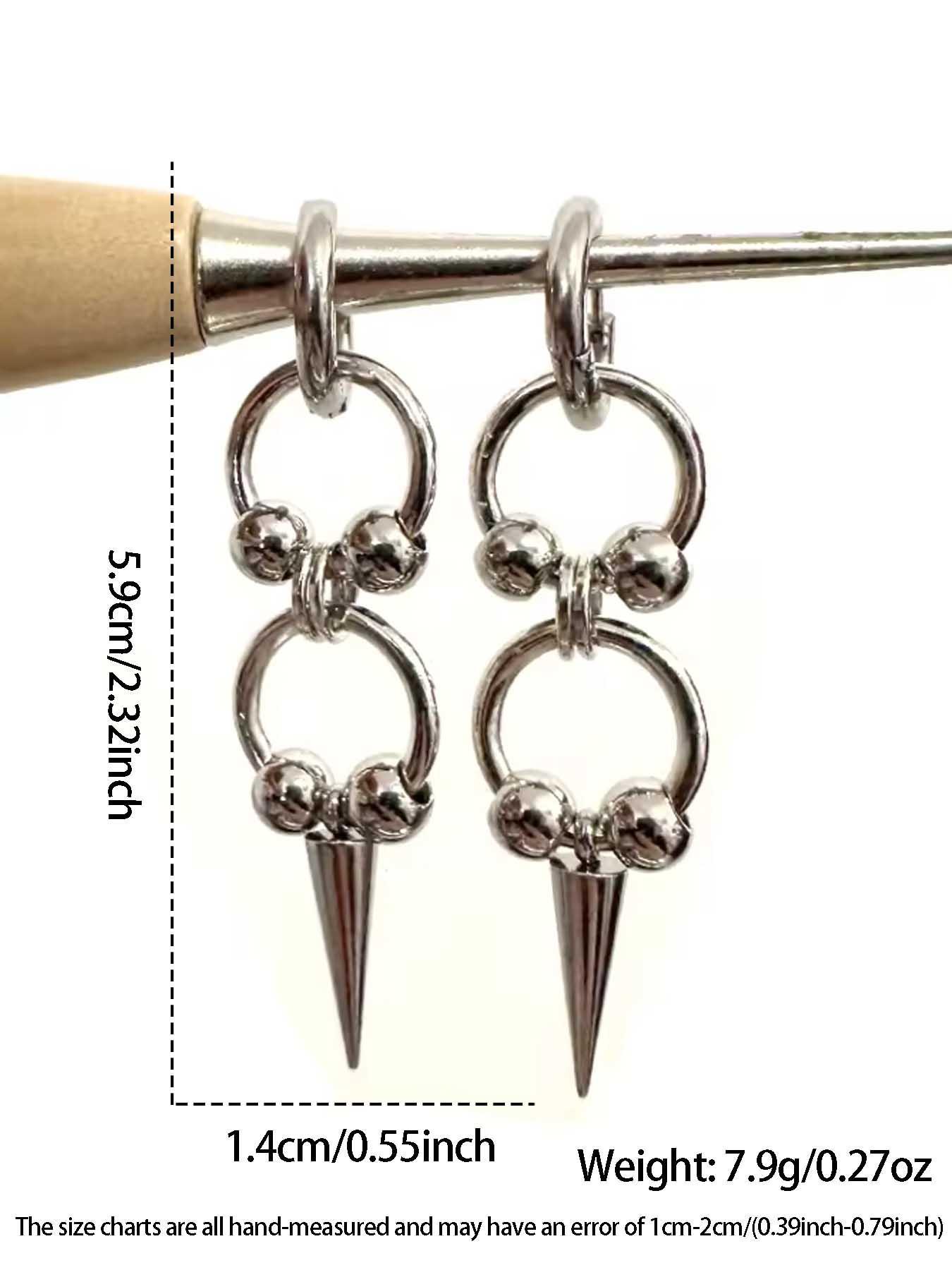 1 Pair of Gothic Stainless Steel Rivet Pointed Cone Double Ring Earrings, Retro Men's and Women's Earrings, Minimalist Punk Party Street Style Earrings