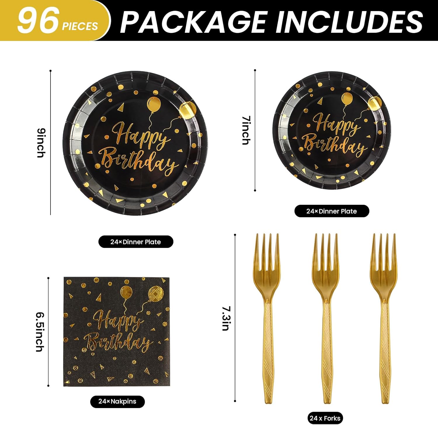 48PCS Black and Gold Plates and Napkins Party Supplies, Gold Dot Disposable Paper Plates, Napkins and Forks Tableware Set for 16 Guests, Elegant Birthday, Wedding, Retirement, Graduation Party Decorations and Celebration Dinnerware