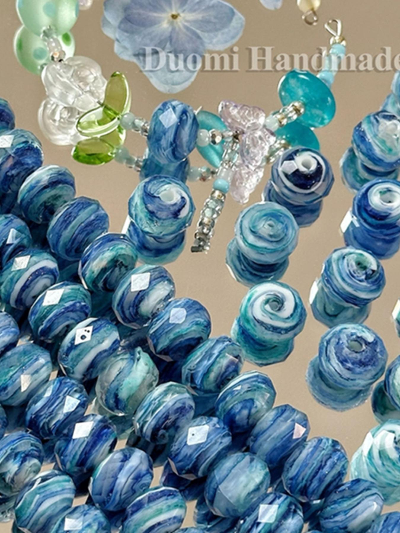 5pcs Blue Oil Painting Style Cut Glass Beads for DIY Jewelry Making, Ditsy Floral Pattern, Contemporary Design for Bracelets & Necklaces