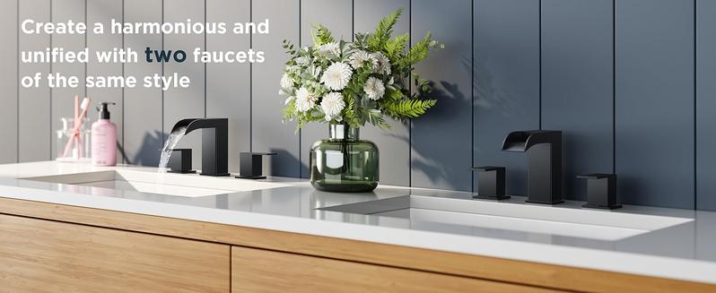 FORIOUS Bathroom Faucets, Waterfall Bathroom Faucet 3 Hole, 8 Inch Widespread Bathroom Sink Faucet with Metal Pop-up Drain and Hose, for Sink Vanity