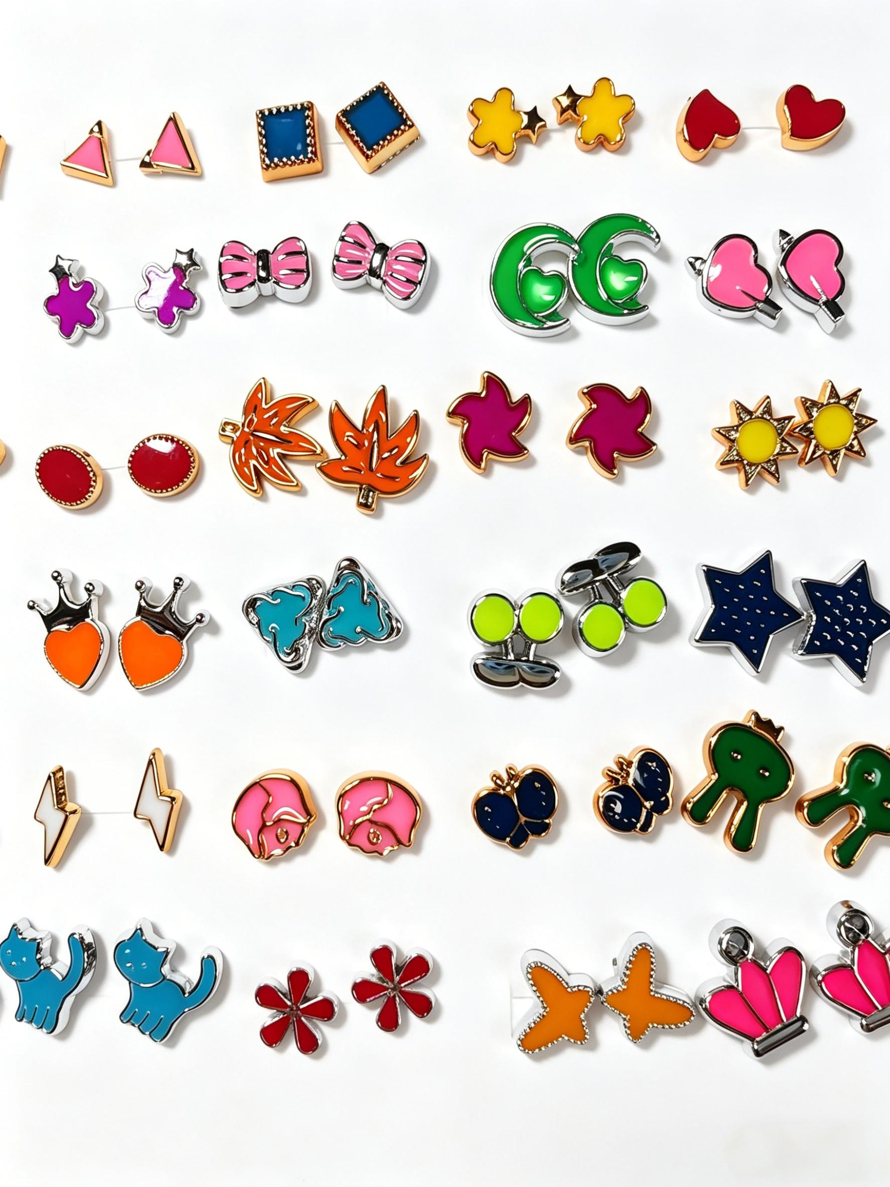 50 Pairs Colorful Drop Earrings Set, Animal Flower Studs, Hypoallergenic Daily Wear, Y2K Style, Gift for Girls, Graduation, Anniversary