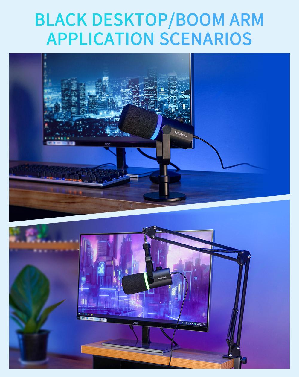 FEELWORLD PM1 XLR USB Dynamic Microphone with Boom Arm Stand for Podcast Recording PC Computer Gaming Live Streaming Vocal Voice-Over, Studio Metal Mic, RGB Light, Mute Button, Headphones Jack