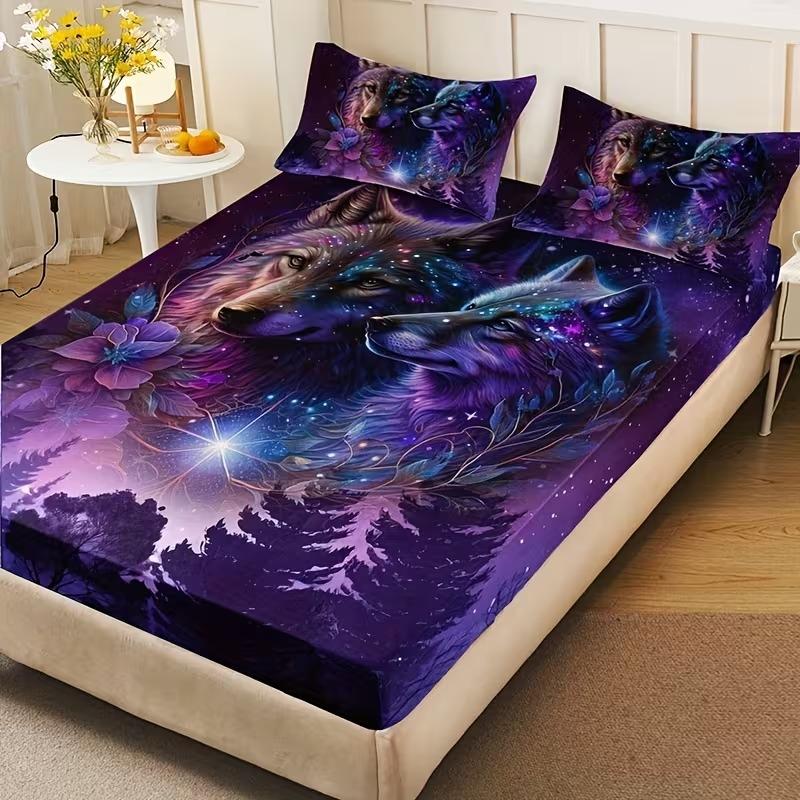 3pcs Starry Sky Wolf Pattern Bedding Set, High-Quality Digital Print Sheet and Pillowcases, All Seasons