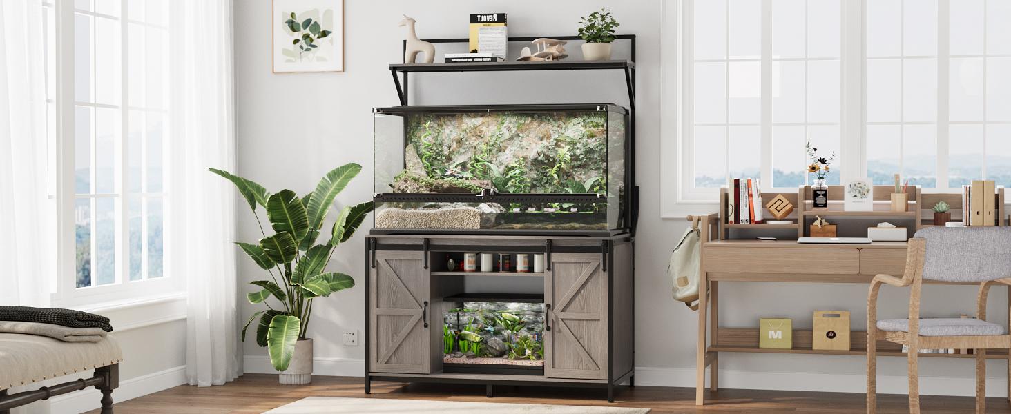 VOWNER Farmhouse Reptile Tank Stand with Power Outlet, 48" X 24" Tabletop Fits up to 120 Gallon Bearded Dragon Tank, Heavy Duty Aquarium Stand with Storage Cabinet, Reptile Turtle Terrarium Stand
