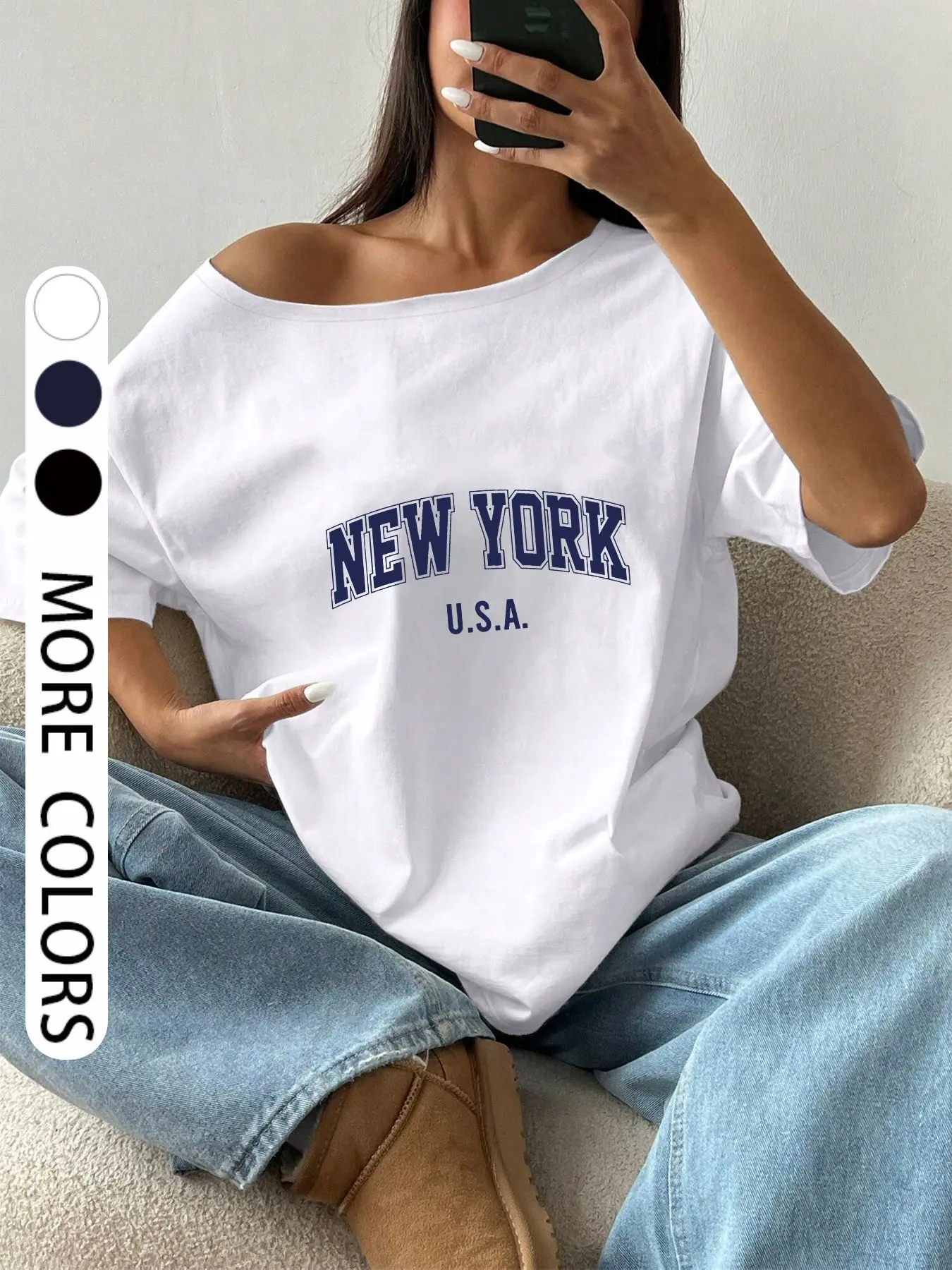 Women's Casual Commuter Loose Shoulder Cut Out T-Shirt, Streetwear, New York Letter Print, Y2K Style, Fashion Trendy Everyday Top for Daily Wear or Parties