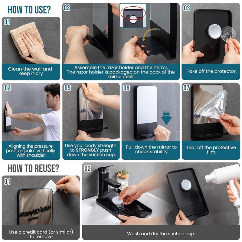 TAILI Fogless Shower Mirror Suction for Shaving with Razor Holder, Removable & NO-Drilling Anti Fog Mirror for Shower, Shatterproof & Waterproof for Bathroom - Men and Women(Black)