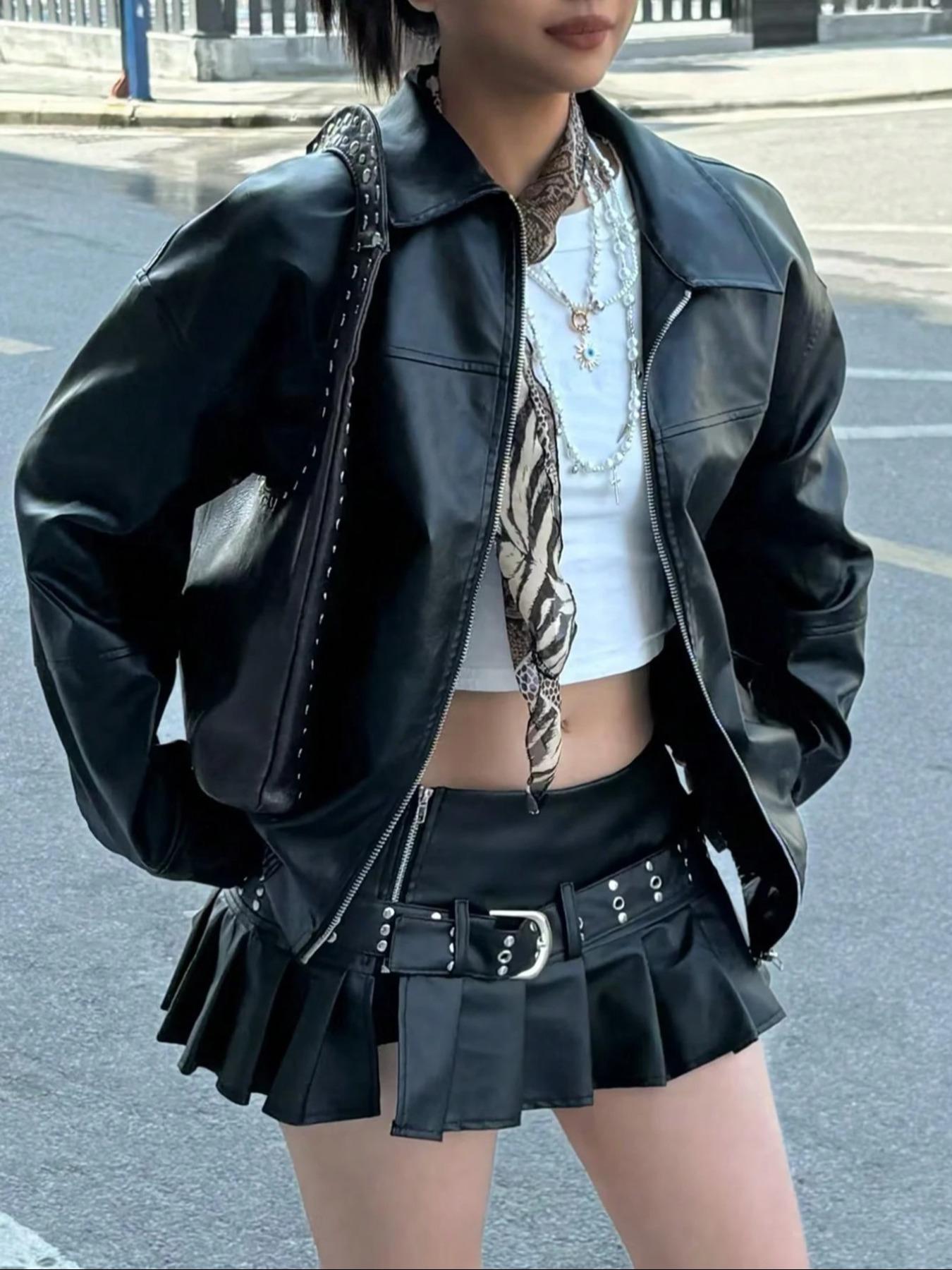 Women's Preppy Motorcycle Jacket, Casual Loose-Fit Long Sleeve PU Leather Jacket, Autumn/Winter Fashion Outerwear for Women, Coats