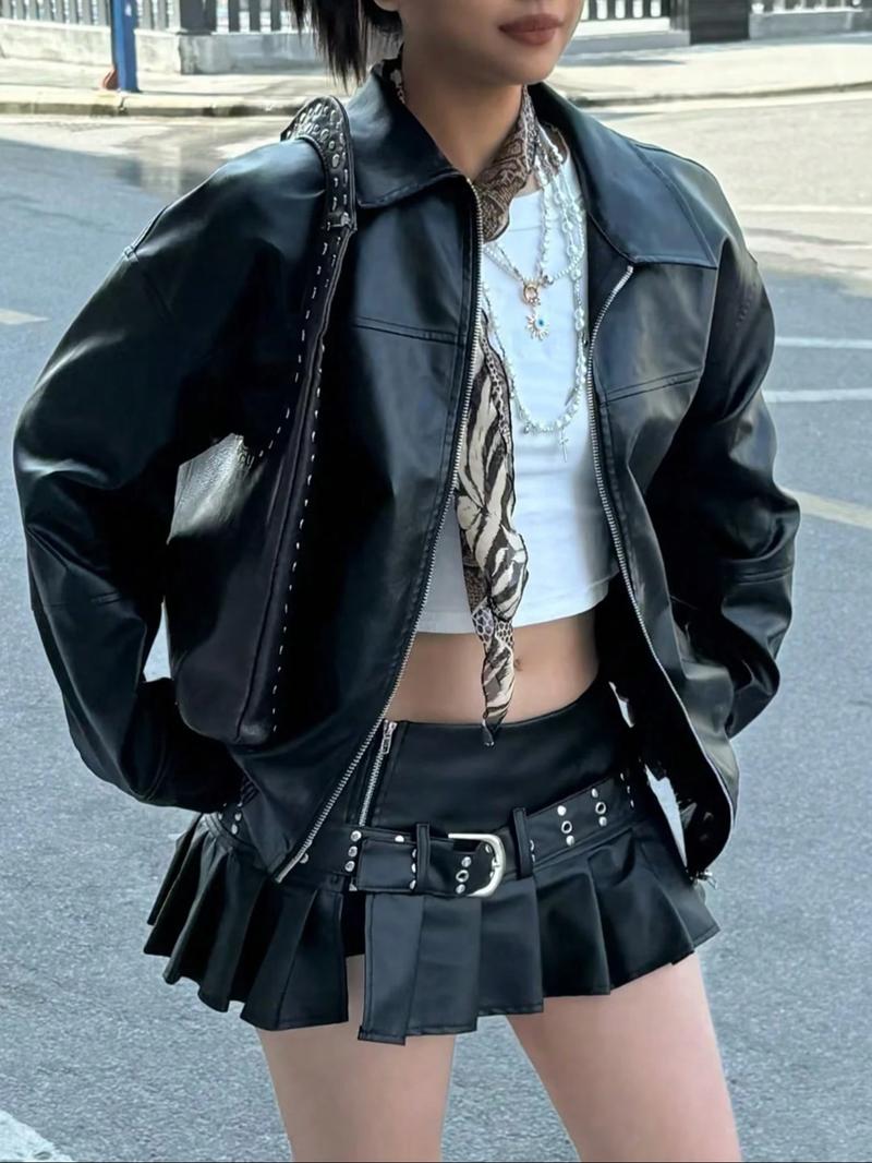 Women's Preppy Motorcycle Jacket, Casual Loose-Fit Long Sleeve Leather Coat, Autumn Winter Fashion Outerwear for Women