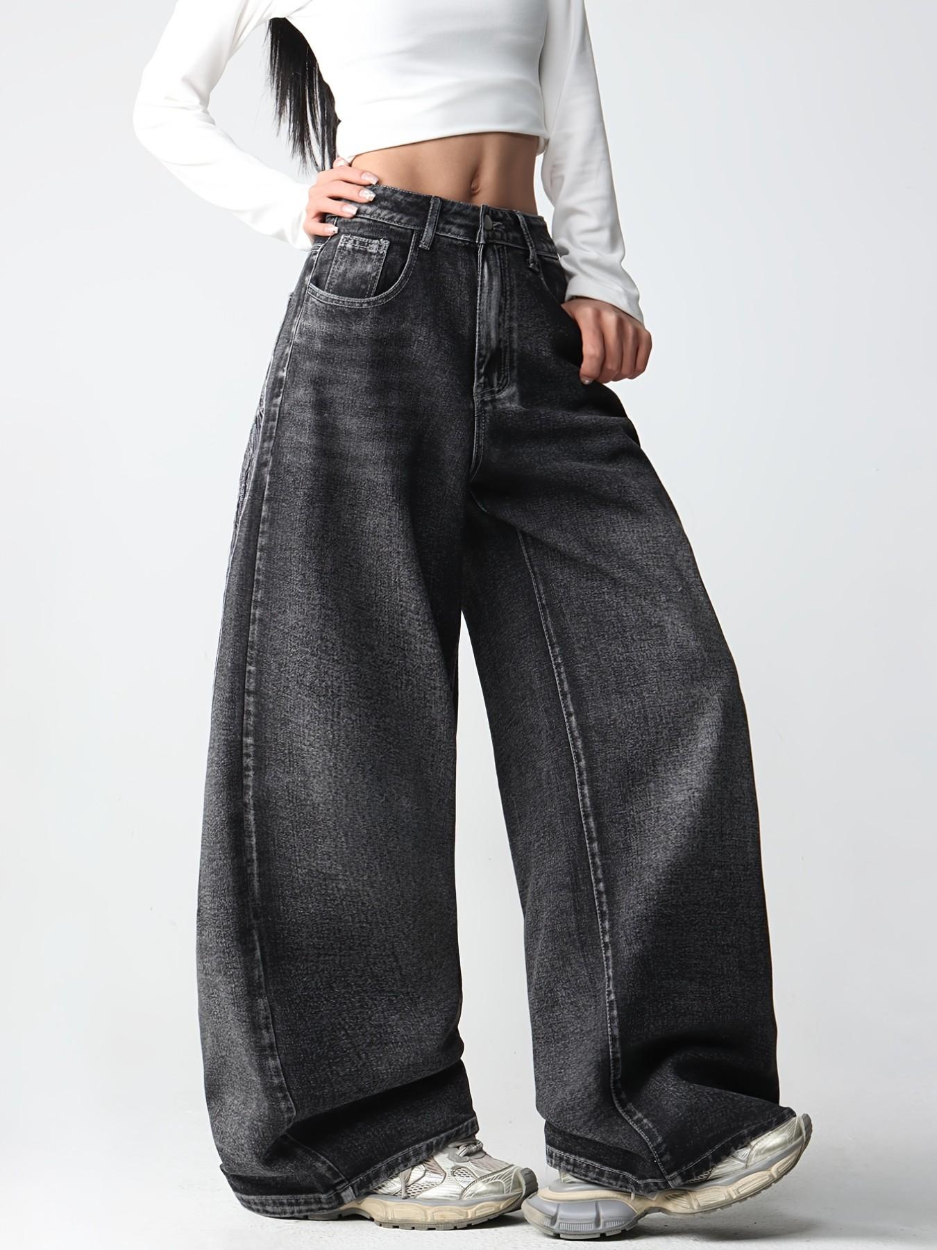 Vintage Creative Wing Embroidery Women's High Waist Baggy Denim Jeans, Casual Jeans Pants, Fashionable Trendy Streetwear Versatile Slimming Wide Leg Long Pants