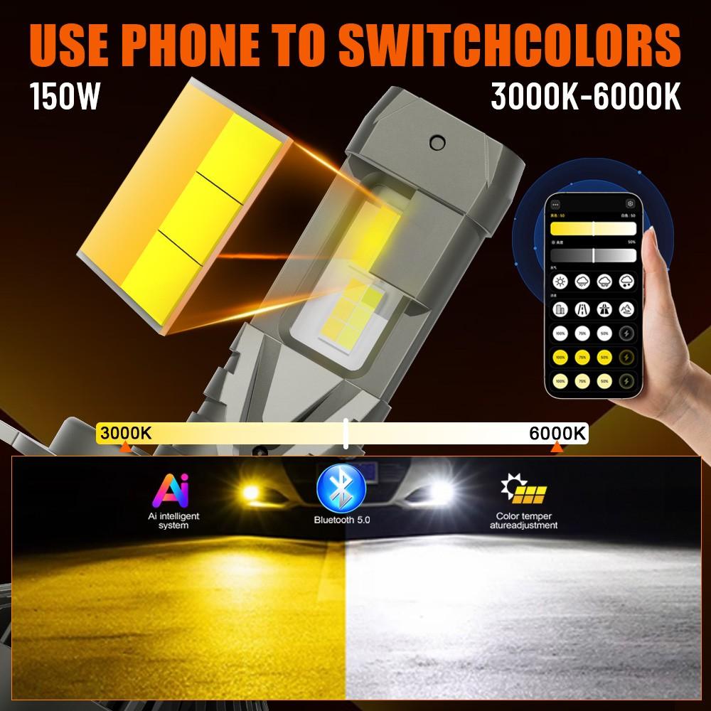 App Control LED Headlights: The smartest headlight upgrade. Adjust 3000K-6000K color and 150W power instantly via smartphone. Best LED bulbs for H11 H7 9005 9006 with Canbus error-free system for night driving.