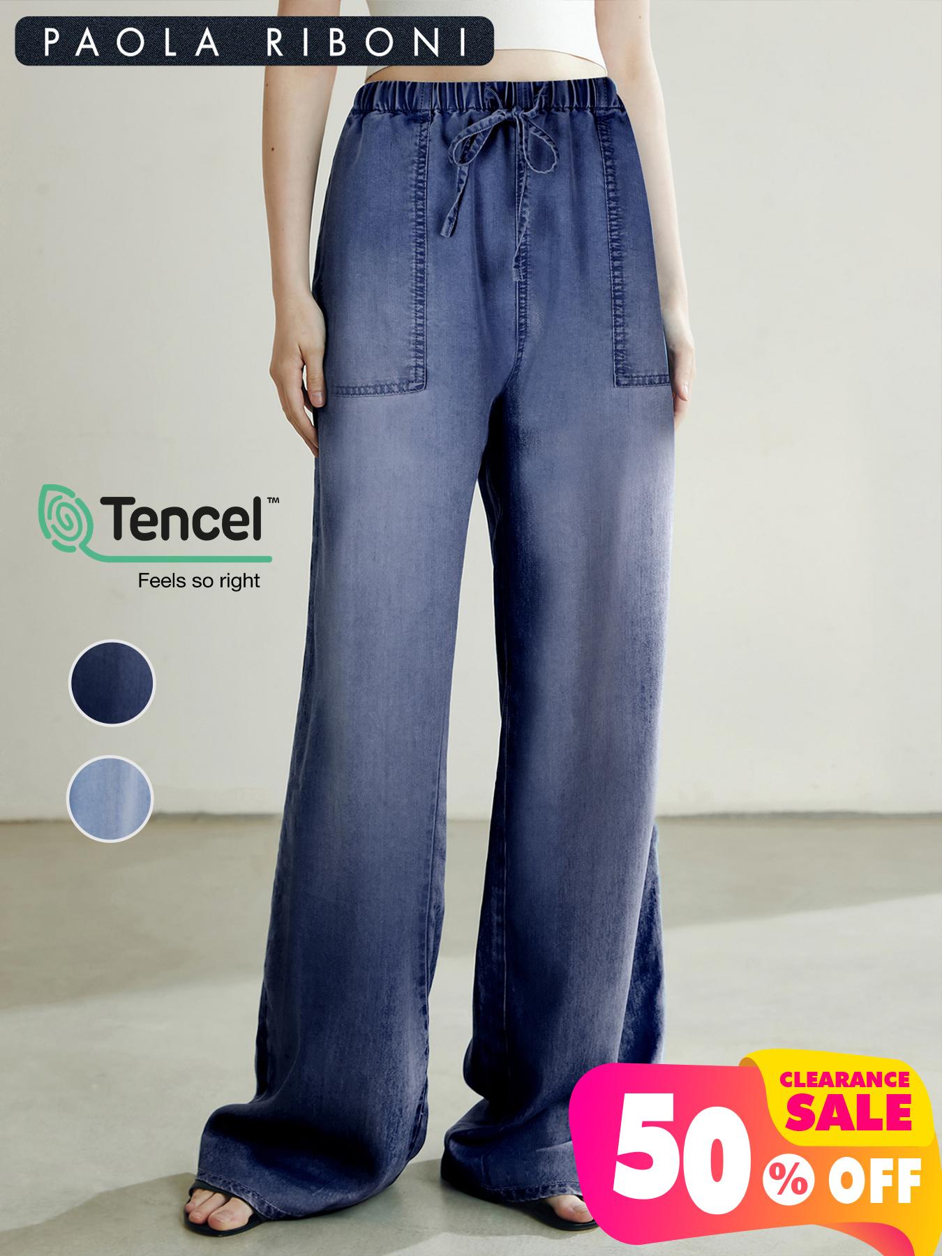 Women's Thin Silk High Waisted Denim Loose Drawstring Pants, Casual Style, All Seasons, Plain Pattern, Comfortable and Stylish