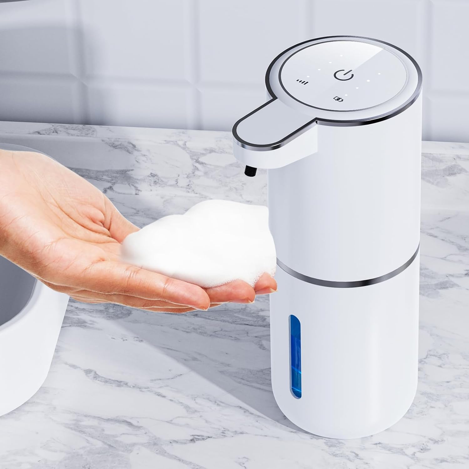 Automatic Foaming Soap Dispenser Touchless, USB Rechargeable Smart Hand Soap Dispenser, 6-Level Adjustable, 12.8oz/380mL Wall Mounted for Bathroom Kitchen Dish Soap-White