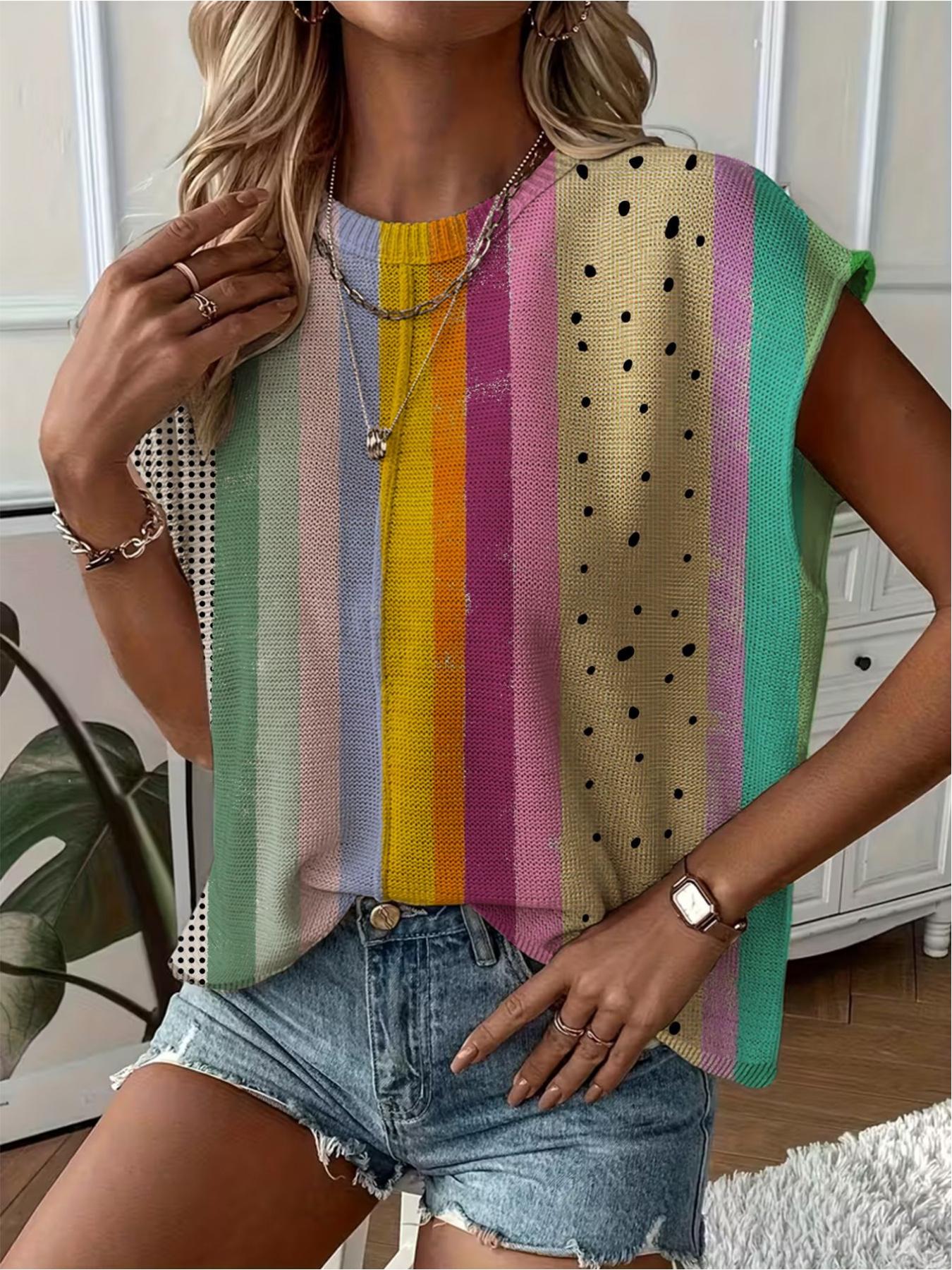Spring/Summer crew neck drop-shoulder loose fit contrast stripe splicing print short-sleeve women's knit top, vacation style, casual elegant commute, ladies short-sleeve knit top, bikini cover-up. Spring/Summer crew neck drop-shoulder loose fit contrast stripe splicing print short-sleeve women's knit top, vacation style, casual elegant commute, ladies short-sleeve knit top, bikini cover-up.