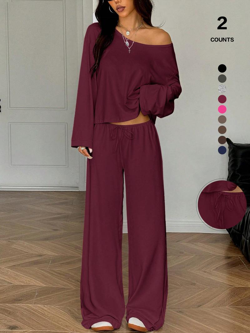 Women's 2 Piece Matching Lounge Set Off The Shoulder Long Sleeve Top and Drawstring Wide Leg Pants Casual Sweatsuit