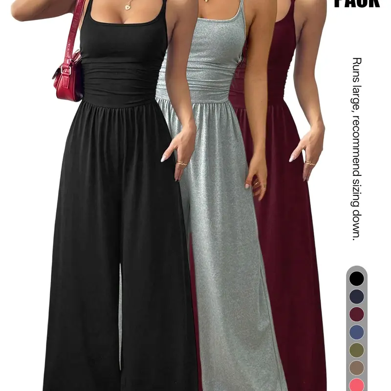 【Black Friday】Women's 3-Pack Backless Wide-Leg Jumpsuits with Spaghetti Straps and Gathered Waists, Basic Sleeveless One-Piece Outfits with No Pockets for Casual Vacation and Year-Round Wear