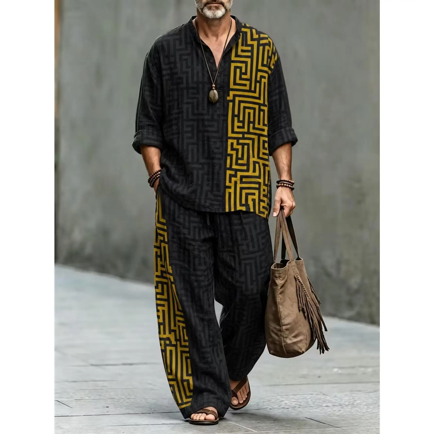 Men's Two-piece Set with Geometric Color-block Print, Stand Collar Half-button Long Sleeve Shirt + Drawstring Wide-leg Pants Outfit, Loose Bohemian Style Casual Matching Clothing
