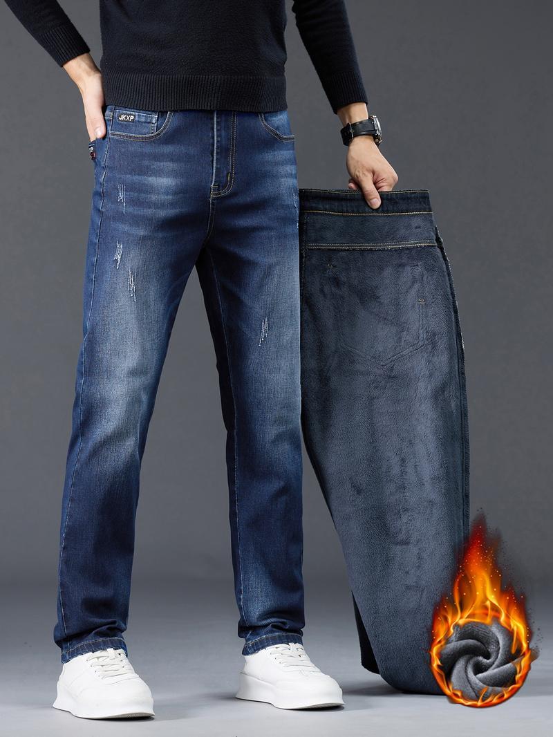 Men's Washed Denim Jeans, Thickened Fleece Lined Straight Leg Casual Pants, Fall Winter Fashion, Slimming & Height-Enhancing Design
