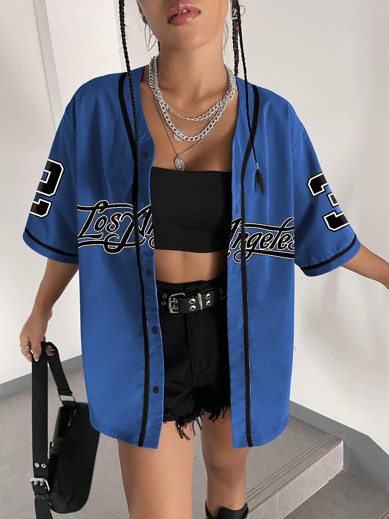 Women's Number Print Baseball Jersey, Casual Fashion Loose Letter Print Short Sleeve Button Design Blouse for Daily Wear, Ladies Clothes for All Seasons