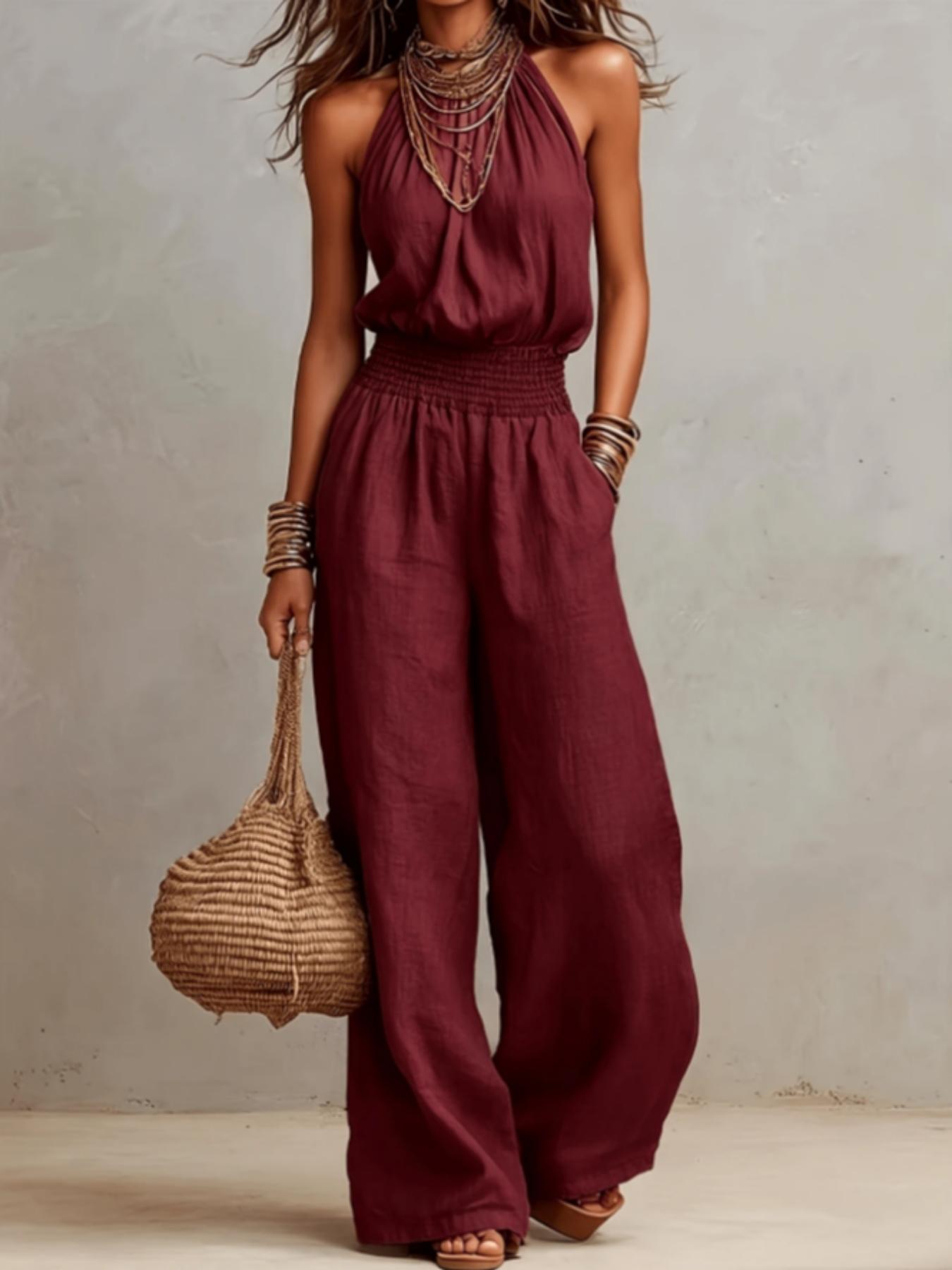 BohoChic Smocked High Waist Linen Blend Halter Neck Wide Leg Jumpsuit, Plain Ruched Jumpsuit, Sleeveless Pocket Design Casual Outfit for Beach Vacation Bohemian Daily Wear, Oversized Loose Fit Resort Romper Outfit Women Apparel
