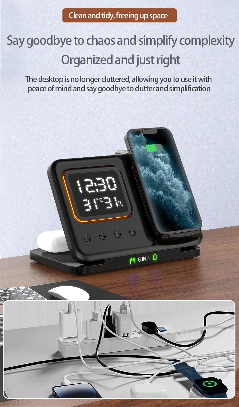 Wireless charger with three in one and three levels dimming  multifunctional clock and night light  foldable for use with Apple phone watch stand and base