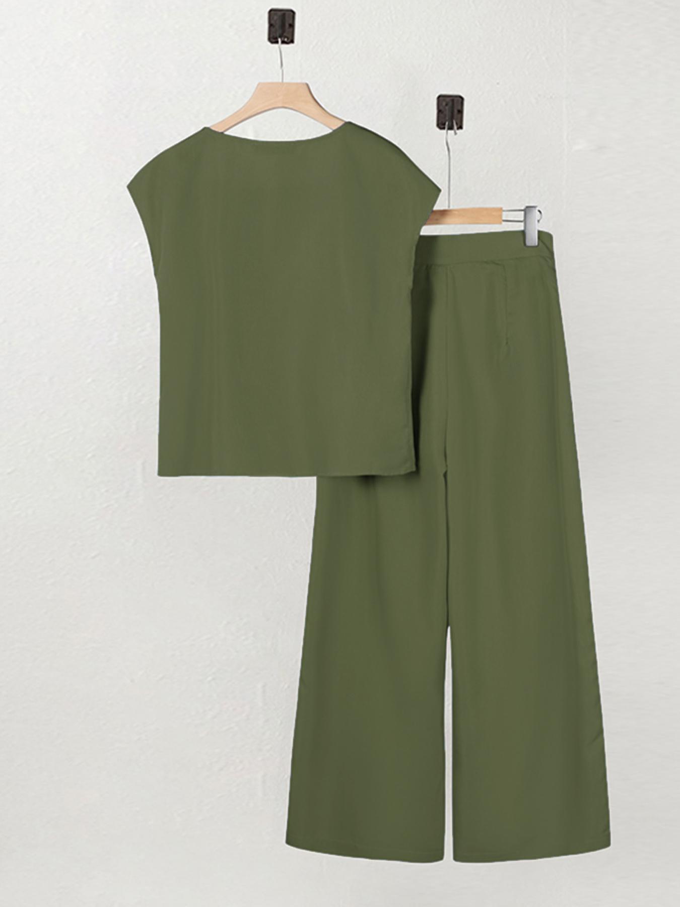 Women's Solid Button Front Top & Wide Leg Pants Two-piece Set, Casual Short Sleeve Top & Pants for Summer, 2 Piece Sets Women, Ladies Clothes for Daily Wear