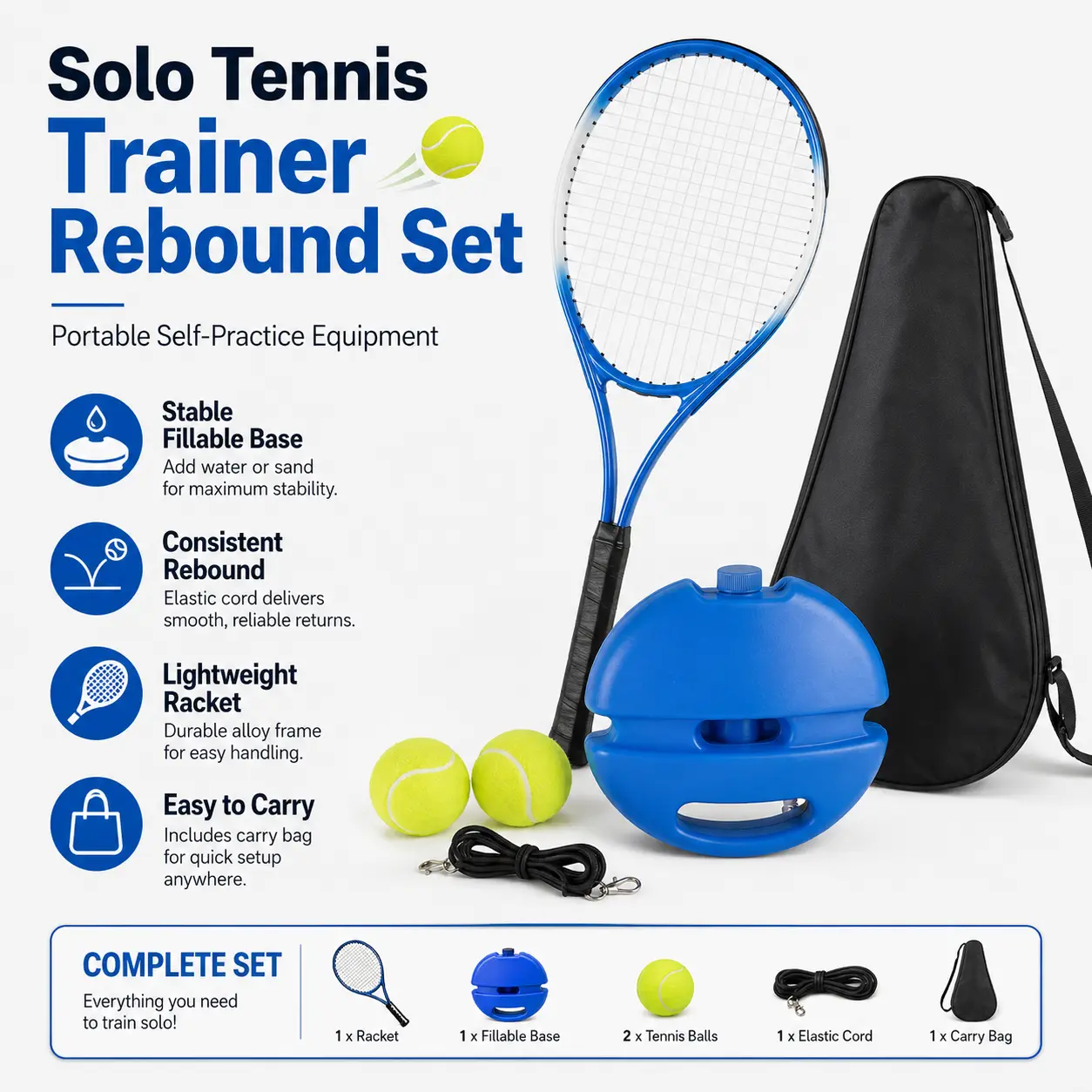 Solo Tennis Trainer Rebound Set with Racket & 2 Balls - Portable Self-Practice Equipment