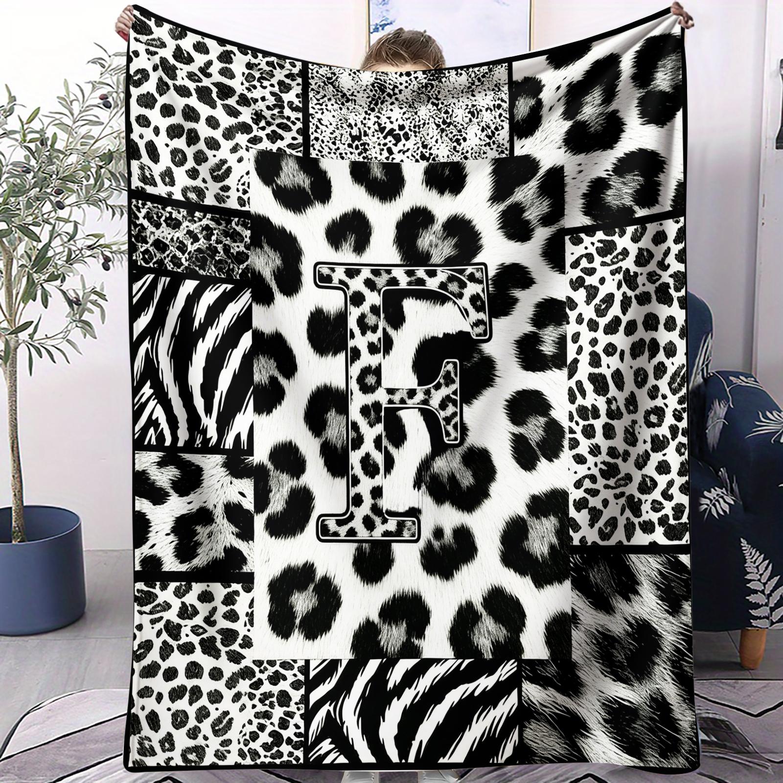 Custom Initial Animal Print Throw Blanket, Trendy Patchwork Visual Impact, Skin-friendly Breathable Lightweight, Perfect for Rental Bedroom Daily Use