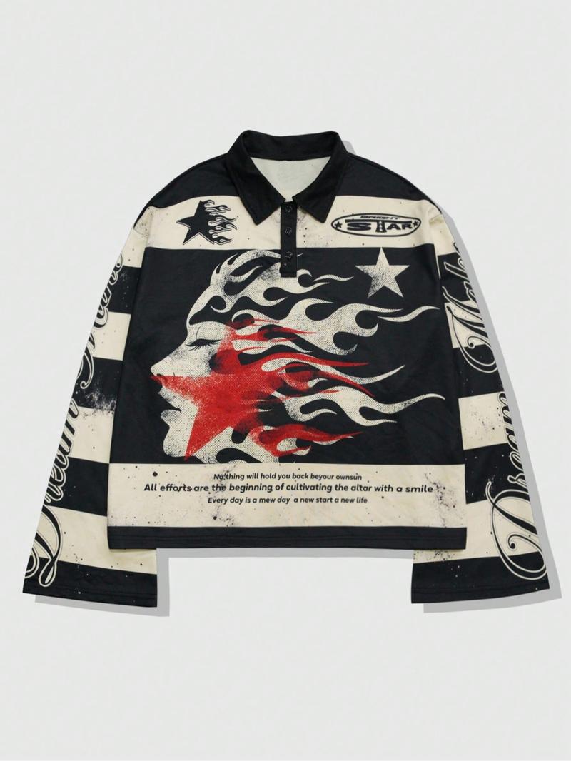 Men's Street Life Men's Street Graphic Print Stripe Polo Neck Long Sleeve T-Shirt, Autumn Winter