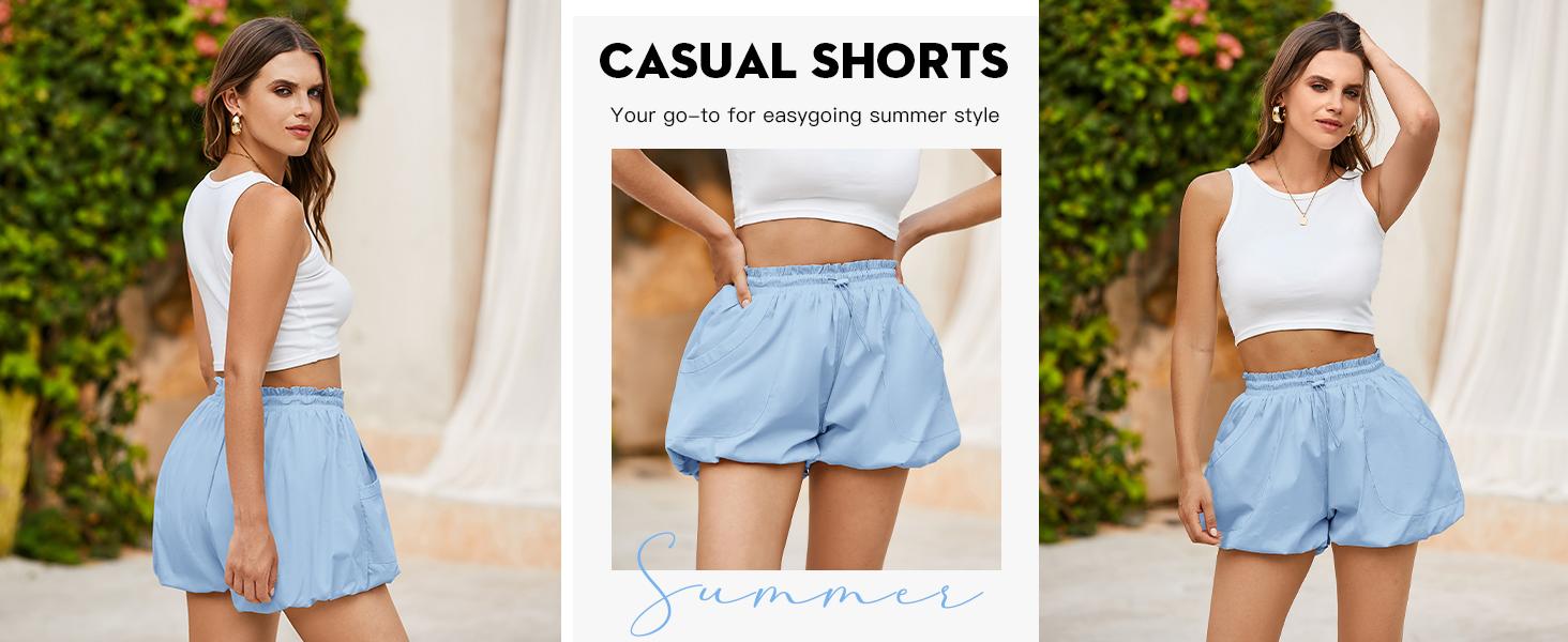 FMEYOA Womens Summer Bubble Shorts Casual High Waisted Workout Puffy Shorts with Pockets