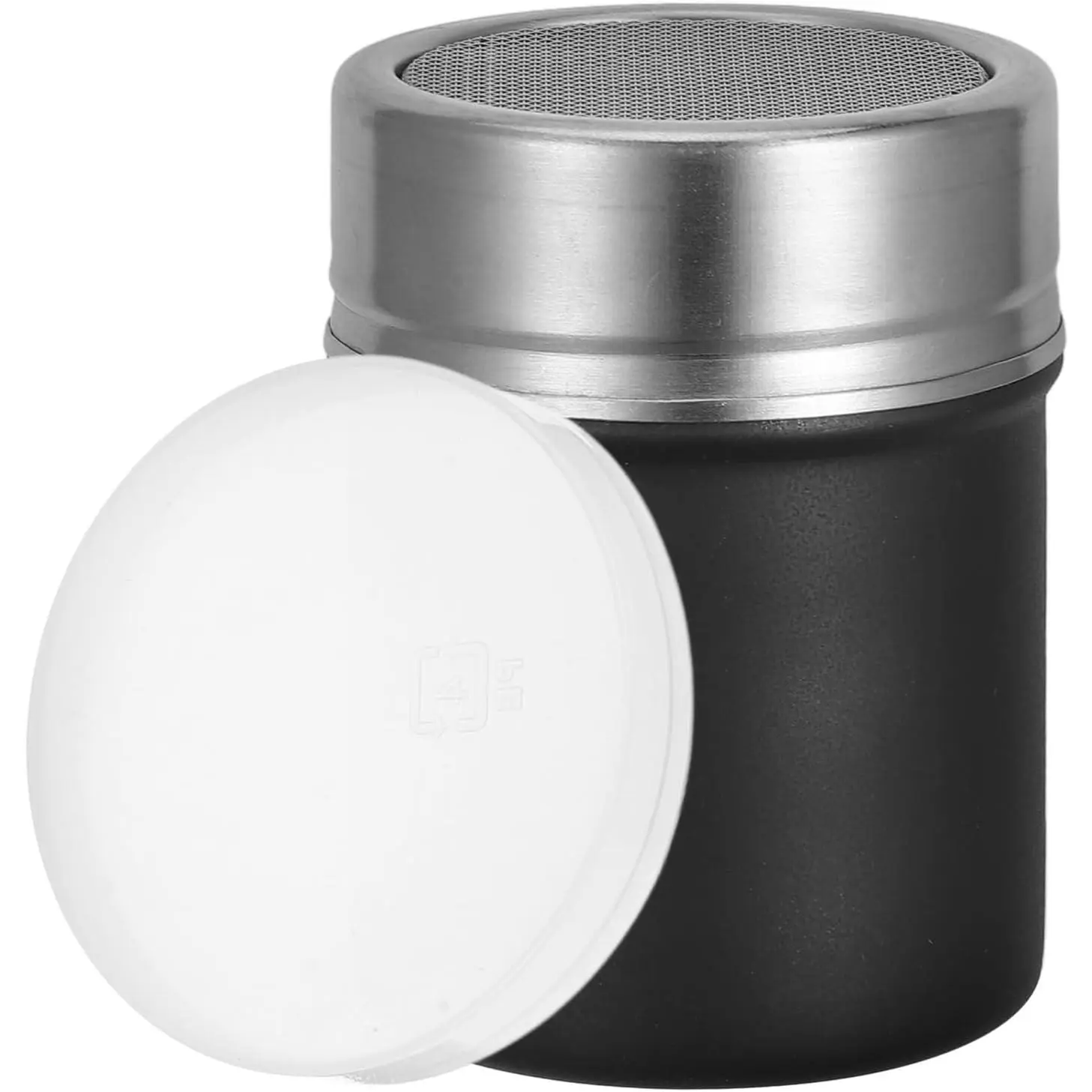 304 Stainless Steel Powdered Sugar Shaker with Fine Mesh Lid - Black Flour Sifter Duster for Cocoa Cinnamon Coffee - Professional Seasoning Dredge Shaker for Baking