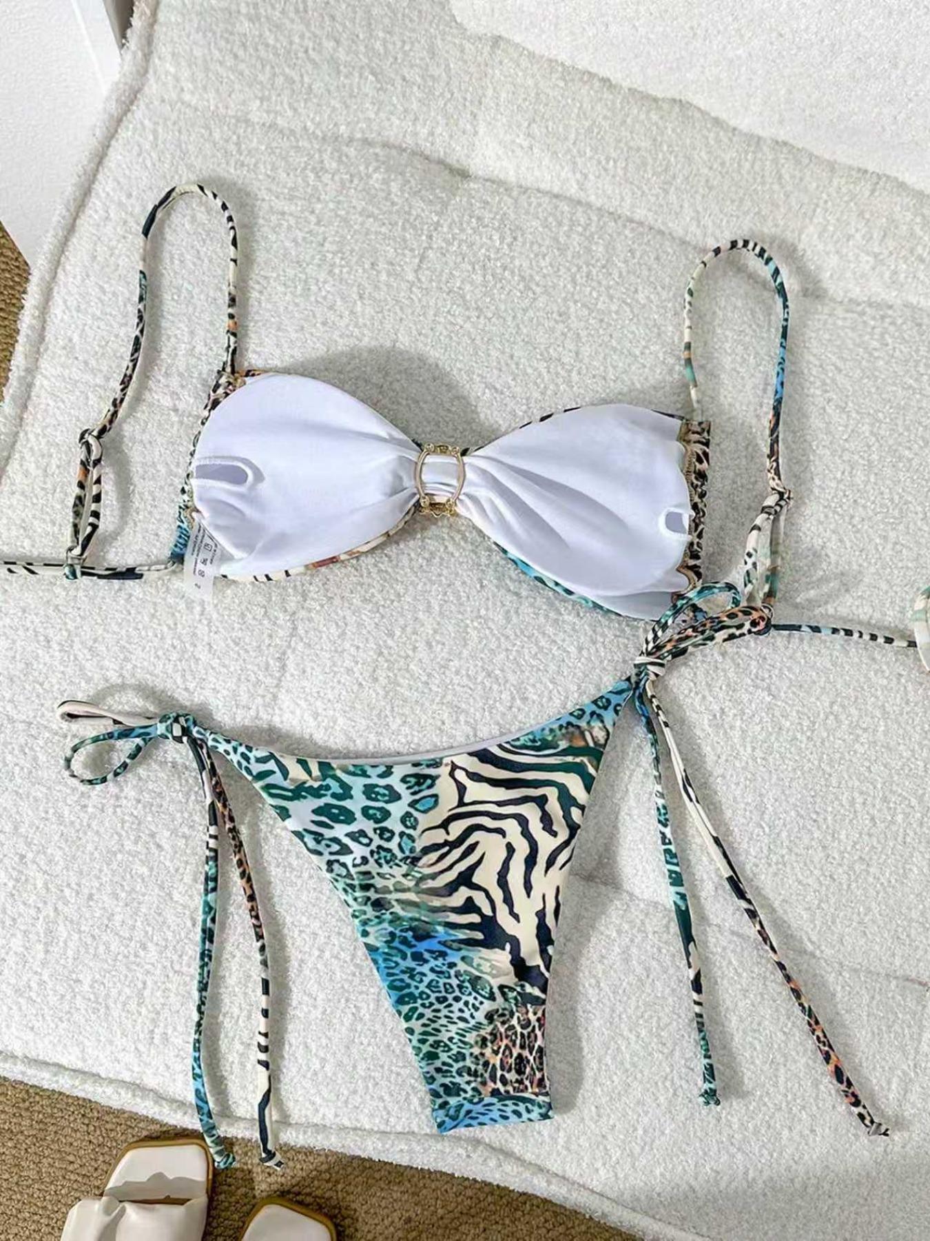 Animal print tie high-stretch bikini, quick-dry two-piece swimsuit for beach vacation, sexy and charming bikini set Bikinis Sets