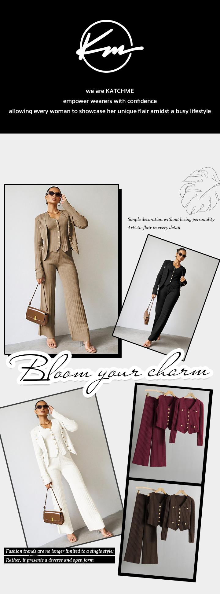 Lady Elegant Knit V-Neck Gold-Toned Button Vest & Wide Leg Trousers With Long Sleeve Cardigan Three-Piece Sets, Formal Casual Clothes, Womenswear