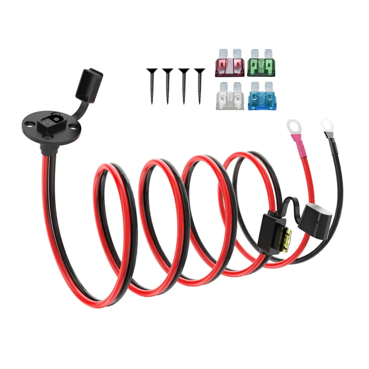 10AWG SAE Sidewall Port to O-Ring Terminal Outdoor Cable Set, 5FT Tinned Copper Wire with 5 Fuses for RV Battery Access & Solar Charging, Sidewall Plug Power Socket Cable