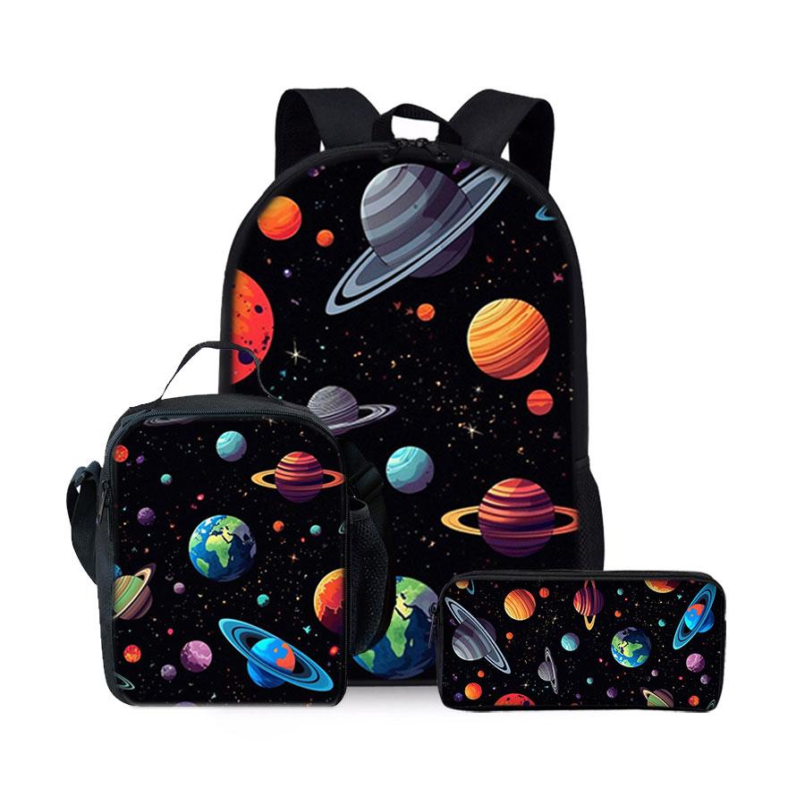 Planet pattern printed 17-inch Casual printed backpack three-piece set (single-layer backpack + shoulder strap lunch bag + single-layer pencil case)