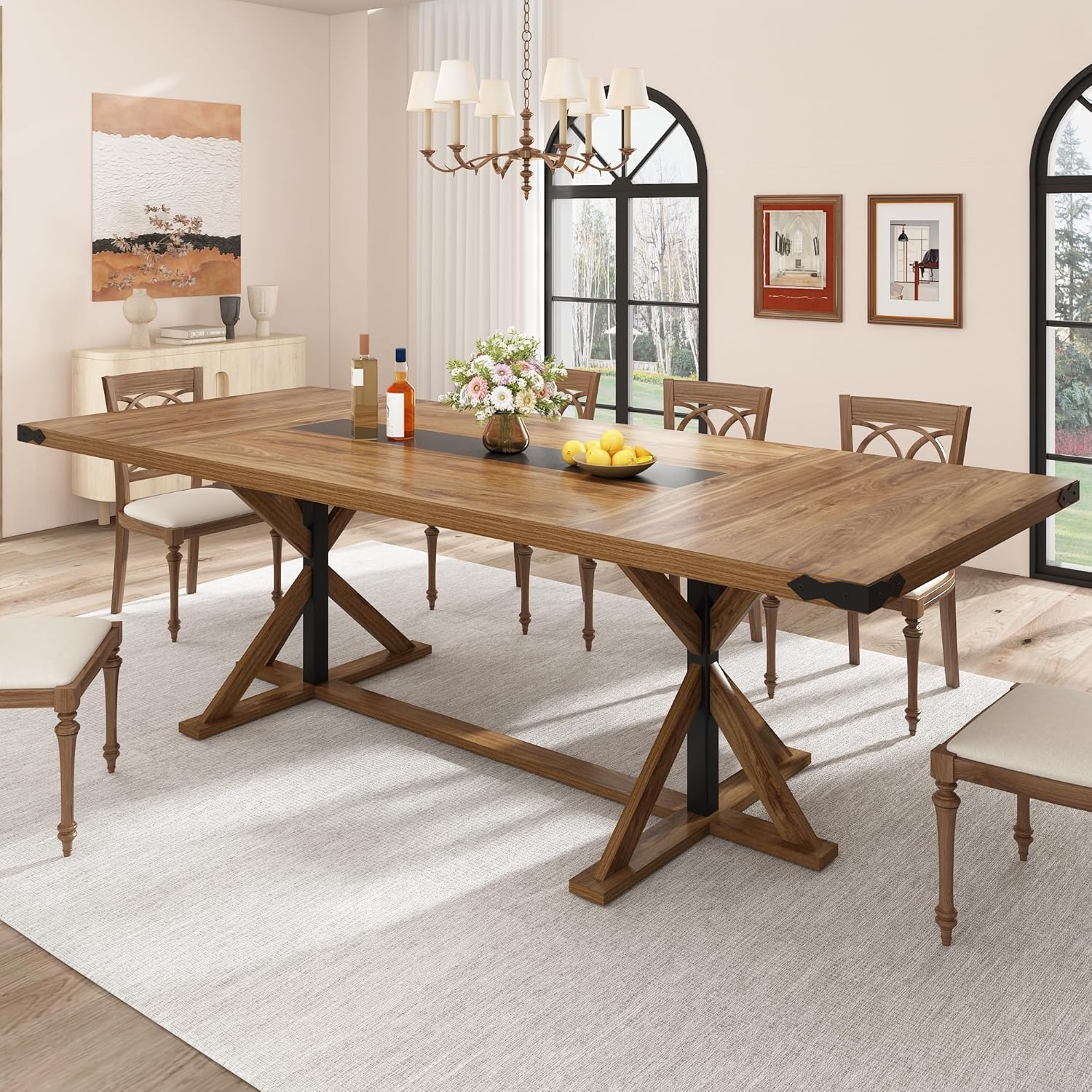 71inch/78inch/94inch Farmhouse Dining Table for 5 6 8 10 People,Rectangular Kitchen Table W/Thickness Waterproof Wood Grain Tabletop,6FT Large Rustic Dinner Table W/Adjustable Leg for Dining Living Room(Brown&black/Brown/Oak)
