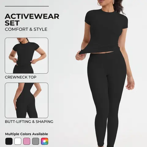 Women's High Waist Leggings & Soft Round Neck Short Sleeve Top Set, Comfortable Daily Wear for Home & Sport, 2-Piece, Athletic Sets