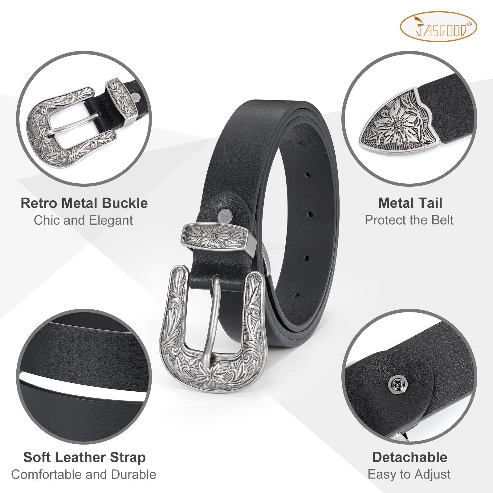 JASGOOD Women  Vintage Western Design Black Leather Waist Belt for Ladies Pants Jeans Dresses Boho Leaf cowgirl  belt