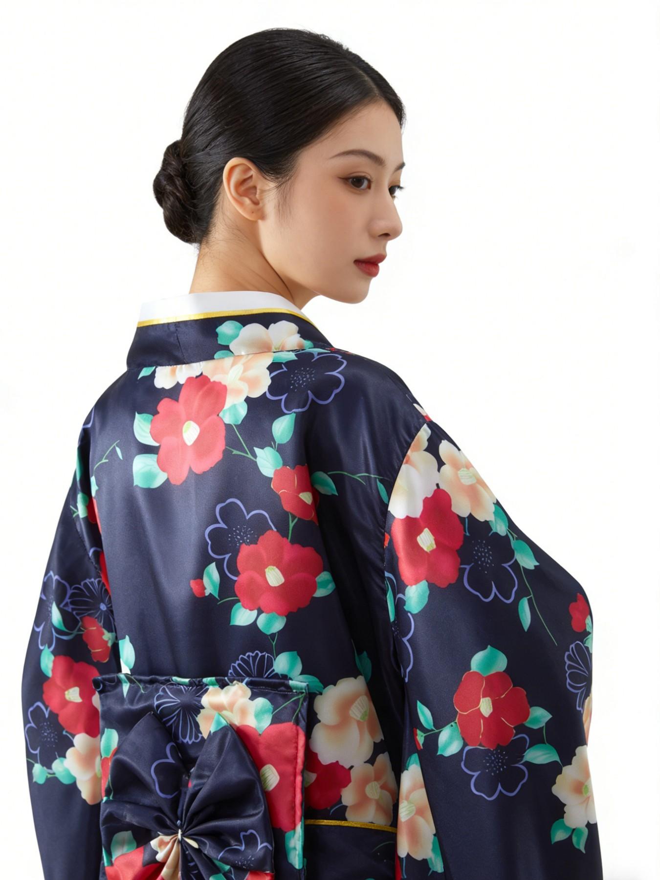 Satin Japanese Kimono for Women Traditional Geisha Inspired Yukata with Adjustable Obi Belt Elegant Oriental Dress for Festival Cosplay Party Photoshoot Wedding Guest Halloween Costume  Spring Sakura Outfit Cherry Blossom Festival